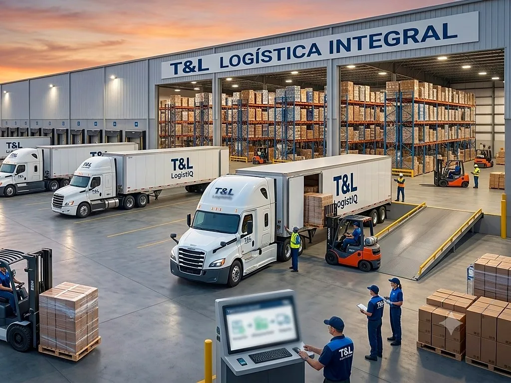 Unidades de T&L LogistIQ en andén de carga, con montacargas y personal coordinando la maniobra.