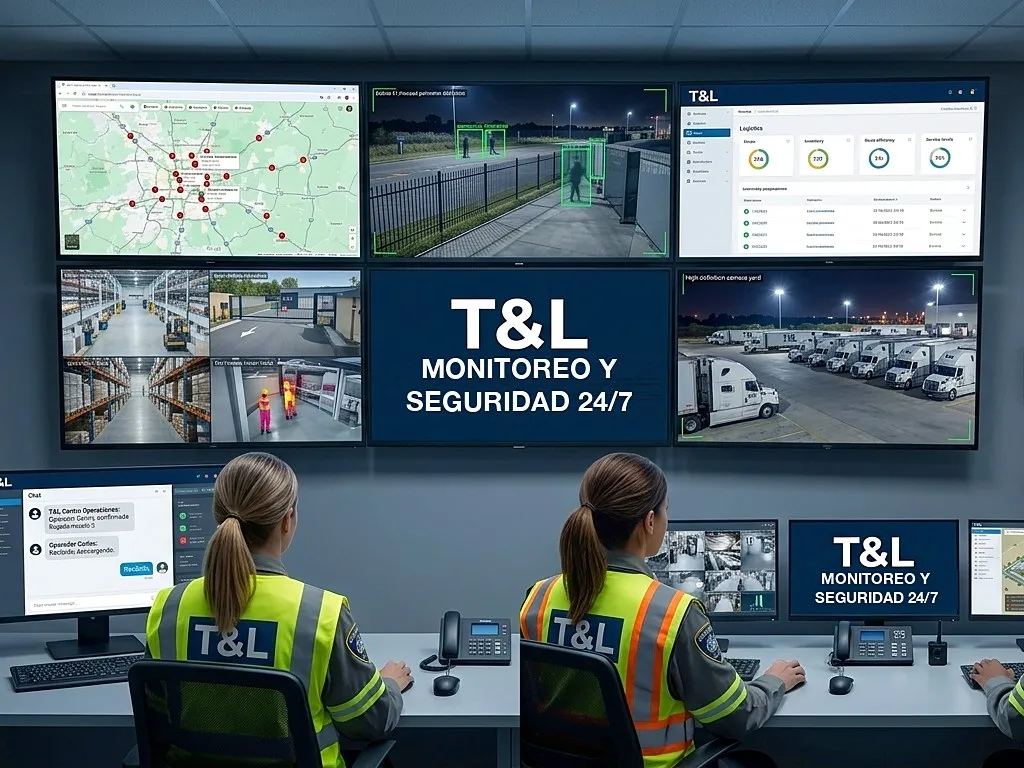 Sala de monitoreo de T&L LogistIQ con las pantallas de rastreo satelital y videovigilancia del patio.