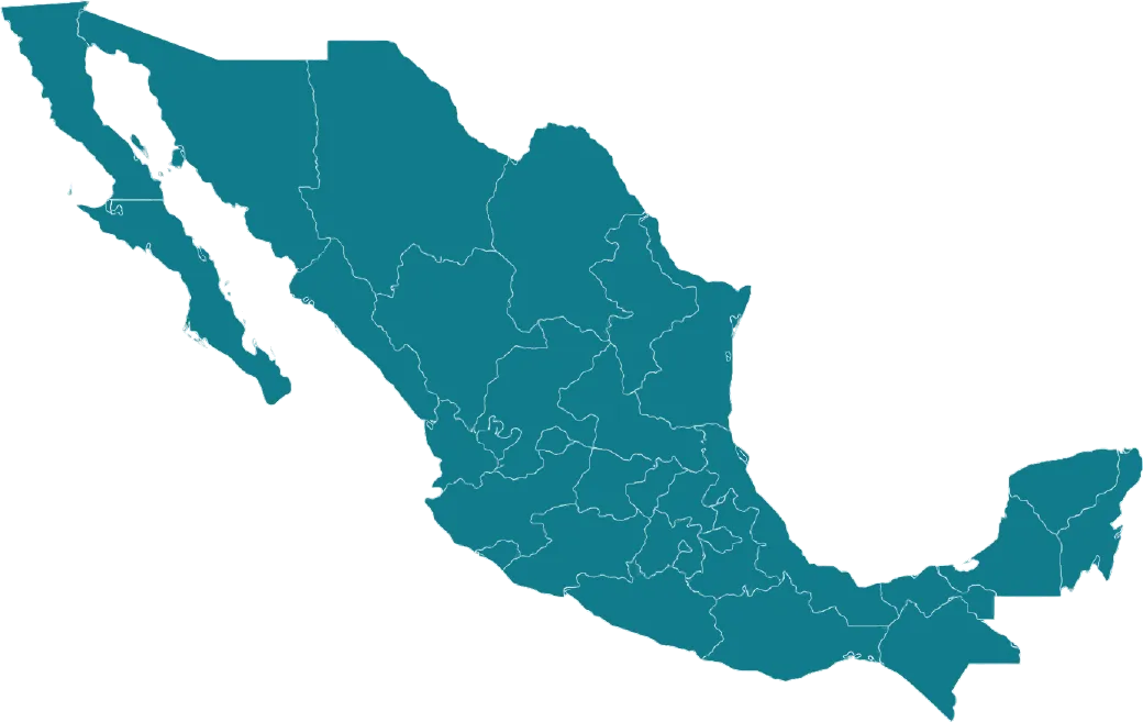 Mapa de México con la base de operaciones de T&L LogistIQ en San José Chiapa, Puebla, y los destinos que cubre: Ciudad Juárez, Ciudad Acuña, Monterrey, Ciudad de México, Guerrero, Mérida y Cancún.